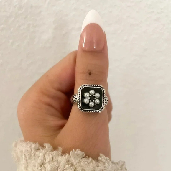 925 Sterling Silver Chunky Ring Statement Ring Pearl Ring Pearl Flower Ring - Picture 3 of 10